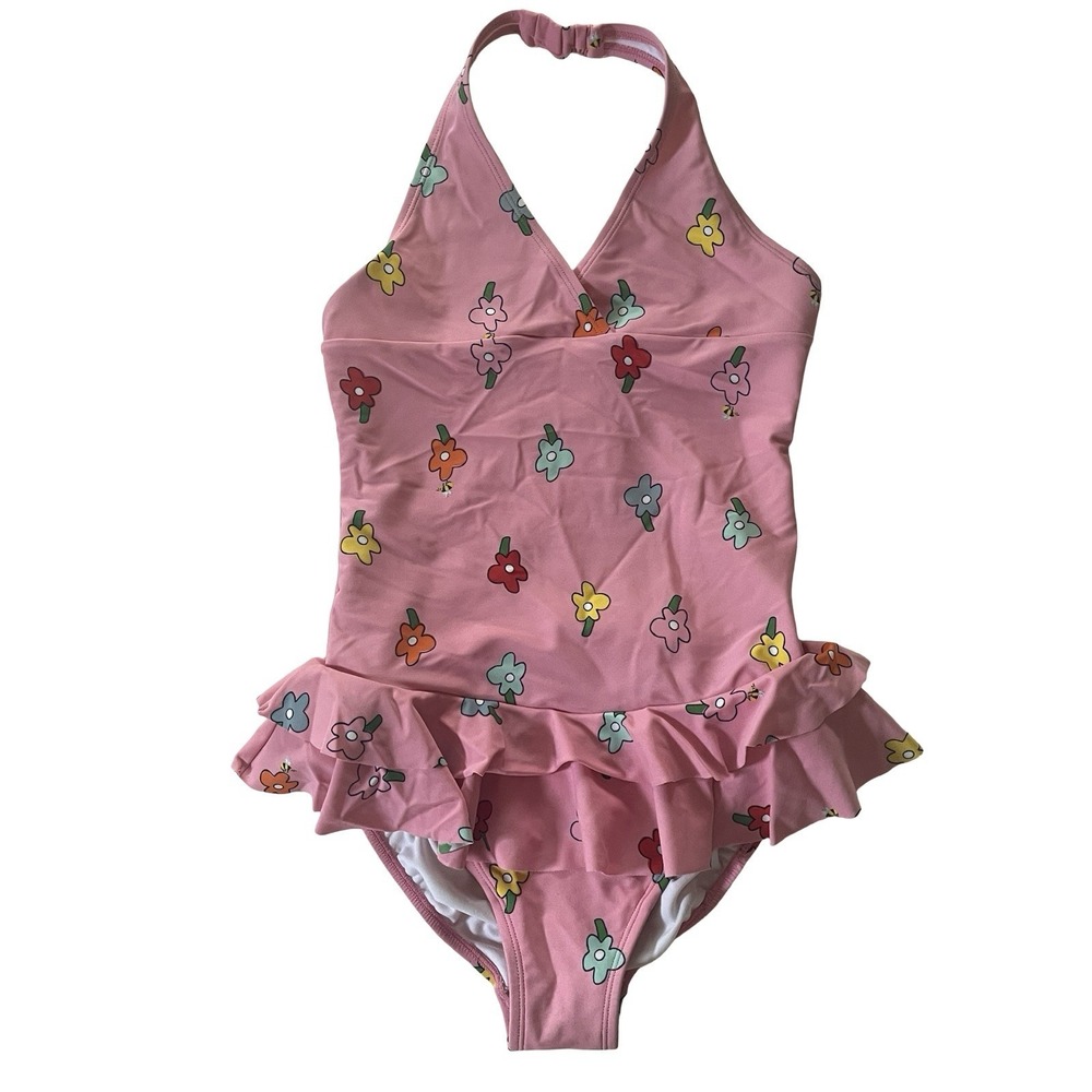 Hanna Andersson Girls Size 150 US 12 Swimsuit One Piece Pink Ditsy Floral Ruffle